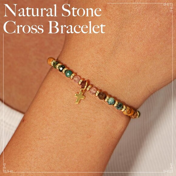 Natural Stone Cross Bracelet, Religious for Woman, Every Day God thinks of You - Picture 3 of 7